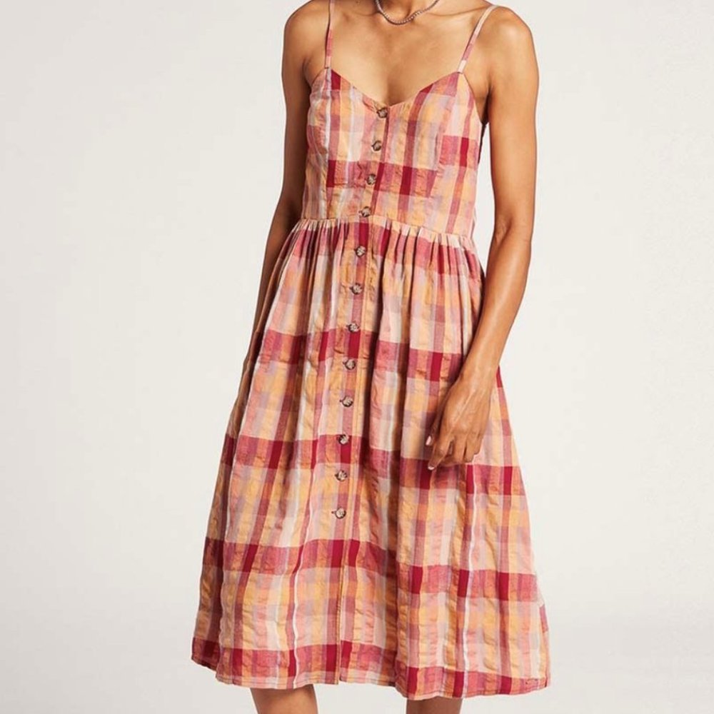 Volcom Auburn & Yellow Plaid NWT Madrasita Button-Front Sleeveless Dress SMALL